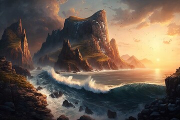 Wall Mural - Awe inspiring, massive cliffs, and ocean waves at sunset. Exciting development in the plot. The landscape of the globe is beautiful. Generative AI