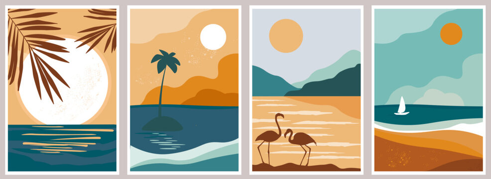 a set of abstract contemporary nature posters. sea, sand with palm trees, island, silhouettes of fla