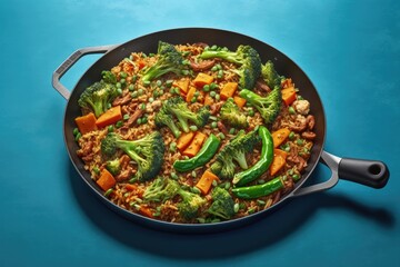 Wall Mural - On a blue background, a pan of vegan stir fried rice with broccoli, sweet peas, and carrots. Generative AI