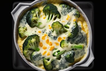 Wall Mural - Broccoli casserole. Broccoli topped with cheese and a cream sauce, baked and viewed from above. Generative AI