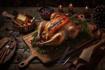 Canvas Print - Both the chicken and the turkey can be roasted for Christmas dinner. Copy space on top of a festively decorated wooden table set for Christmas dinner with baked chicken. Generative AI