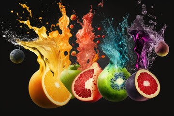 Canvas Print - The splattering sounds of various fruit juices. Juice made from a variety of fruits. Generative AI