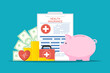 Income for health insurance concept, Health insurance document with piggy bank, coin, money, heart on isolated background, Digital marketing illustration.