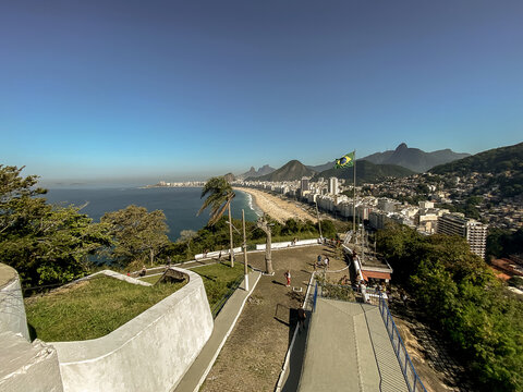 panoramic rio de janeiro city skyline view over sugarloaf mountain, christo redentor, copacabana bea