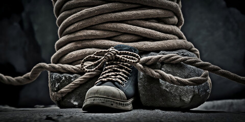 A shoe is trapped between a rock and tied in rope. Foot pain or Rock and a hard place concept.
