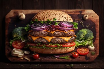 Wall Mural - On a wooden board, hamburgers packed with ground meat and vegetables. Generative AI