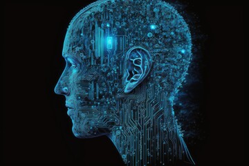 Wall Mural - An IT brain. Topographic Hardware like luminous human head. AI and digital microchips on the motherboard. The study of computers. Sciences of technology, principles of engineering, and the logic of in