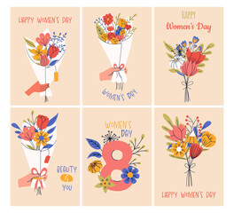  Collection of greeting card or postcard templates. 8 march, International Women's Day. Girl power, feminism, sisterhood concept.