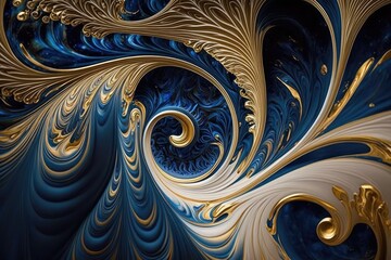 Wall Mural - Swirling pattern of blue and gold, like marbling. The texture is like liquid gold marble. Generative AI