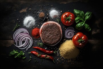 Poster - ingredients for a burger, including uncooked ground beef, tomatoes, onions, peppers, and seasonings,