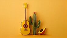Contemporary Minimalist Mexican Cinco De Mayo Festival Setting With A Warm Yellow Wallpaper. Style Of Flat Layout. Generative AI. Modern Mexico Fiesta Background With Sombrero, Maracas, And Guitar
