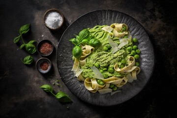 Wall Mural - A plate of summer pasta topped with green peas, broccoli, spinach, basil, creamy pesto sauce, and parmesan cheese is pictured against a concrete wall. Generative AI