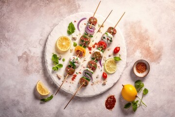 Sticker - Skewered raw Lula kebab with spices, served on a white platter over a pale stone backdrop. Generative AI