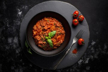 Wall Mural - Tomato sauce bolognese, typically made with ground beef, sits in a black dish against a slate, stone, or concrete background. A bird's eye perspective with room for copy. Generative AI