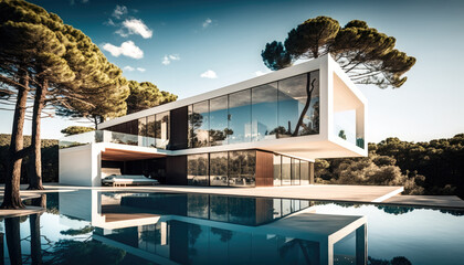 Sticker - Modern Mediterranean style house design with terrace and swimming pool. Generative AI