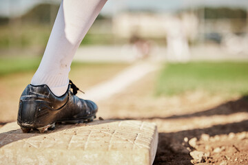 Poster - Sports, baseball and plate with shoe of man on field for training, fitness or home run practice. Workout, games and pitching with athlete playing at park stadium event for tournament, match or action