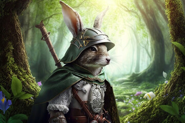 Wall Mural - hooded easter bunny in a fantasy forest, Generative AI