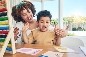 Sticker - Learning, happy and education with mother with son study for home schooling, kindergarten and tutor. Teaching, child development and lesson with black woman and child for language, math and creative