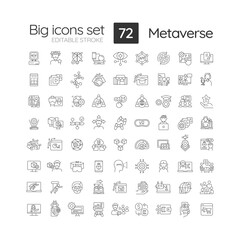 Wall Mural - Metaverse linear icons set. Technology of virtual reality. Machine learning algorithm. Computer generated models. Customizable thin line symbols. Isolated vector outline illustrations. Editable stroke