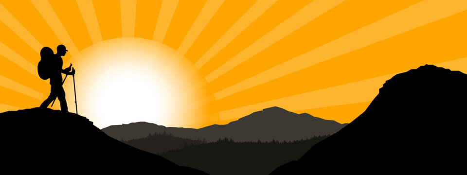 Fototapete - Silhouette of hiker hiking man in the mountains landscape panorama background, with sunrise sunset sunbeams, illustration icon vector for logo hiking adventure wildlife