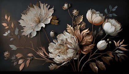 Wall Mural - Generative AI, Close up of blooming flowerbeds of amazing white and golden flowers on dark moody floral textured background. Photorealistic effect.	
