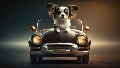  cute little dog inside a vintage car. Created with Generative AI.