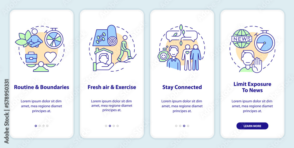 Remote workplace wellbeing tips onboarding mobile app screen ...