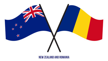 New Zealand and Romania Flags Crossed And Waving Flat Style. Official Proportion. Correct Colors.