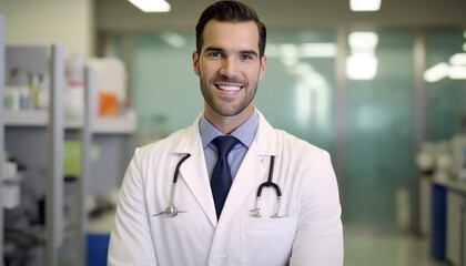 a beautiful smiling young male doctor in front of a blurry white hospital laboratorium background