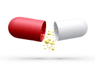 3d realistic opened red-white capsule with yellow balls isolated on white background. Capsule pill and molecules as data visualization chemical composition info. Vector illustration