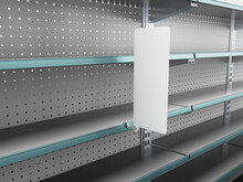 Supermarket Empty Shelf With Single Vertical Stopper Or Wobbler. Blank Shelf Banner Display Mock-up. 3D Rendering	