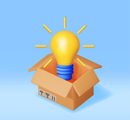 Poster - 3D Light Idea Bulb Ejected from Cardboard Box Isolated. Render of Startup, Creative Idea, Leadership, Business Success or Inspiration. Glass Bulb with Spiral, Crowdfunding. Vector Illustration