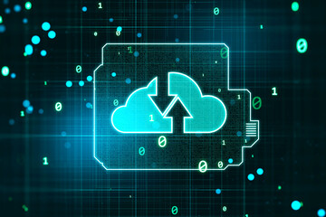 Leinwandbilder - Data storage and information exchange concept with computer processor and oppositely directed arrows in cloud symbol on dark technological background with binary code numbers. 3D rendering