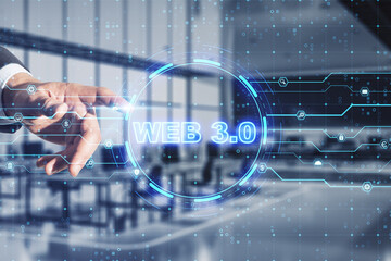 Poster - Web 3.0 new internet future distributed block chain technology concept. Close up of businessman hand pointing at hologram on blurry office interior background. Double exposure.