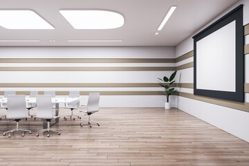 Aufkleber - Luxury wooden meeting room interior with blank white mock up presentation poster and furniture. 3D Rendering.