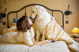 Fototapeta Przestrzenne - Young woman plays with her dog while lying together on bed at cozy bedroom in beige tones. Concept of friendship with pets and home coziness