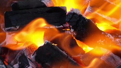 Wall Mural - slow motion speed closeup scene on burning charcoal pile with ash and flake of spark scattered blowi
