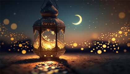 Ramadan Lantern with Light Glowing at Night, Generative ai