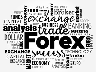 Forex - the foreign exchange market is a global decentralized or over-the-counter market for the trading of currencies, word cloud concept background