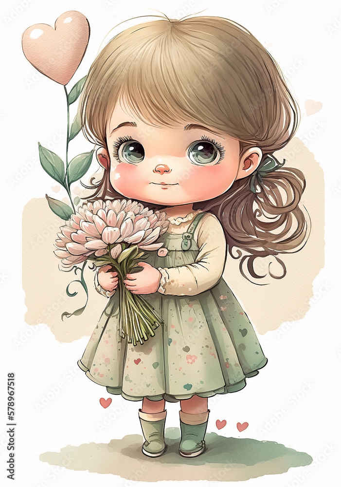 Cute little girl with a bouquet of flowers. Watercolor illustration ...