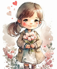 Wall Mural - Cute cartoon little girl with bouquet of flowers. Watercolor illustration. Generative ai.