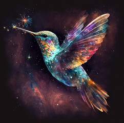 Wall Mural - abstract illustration of colibri bird in cosmic space. glowing fantasy background. generative ai.