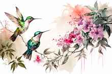 Watercolor Painting Of Hummingbirds And Flowers, Isolated On White Background. Generative Ai.