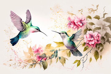 Poster - Watercolor painting of colibri birds, pink flowers and leaves on white background. Digital printable artwork. Generative ai.