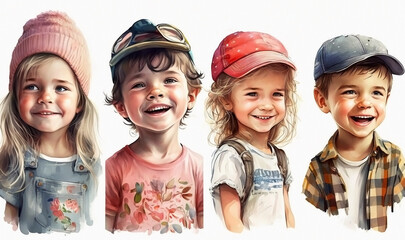 Set of portraits happy children, smiling and looking at camera, close-up, boys and girls in the cap, isolated on white. Generative ai.