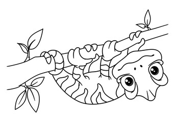 Wall Mural - Cute chameleon hanging on branch coloring page. Outline vector cartoon illustration