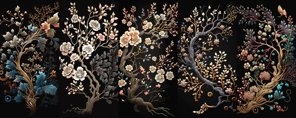 Wall Mural - Beautiful ornate vertical textures with branches with flowers, berries and leaves. Vintage floral decorative set. Generative AI.