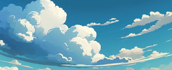 clear blue sky with clouds background in anime style, cloudscape heaven space, environment japanese 