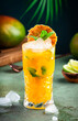 Alcoholic cocktail with vodka, pineapple juice, mango, liquor, ice. Long drink or summer mocktail. Tropical dark background with palm leaves and exotic fruits