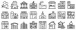 Line icons about buildings on transparent background with editable stroke.